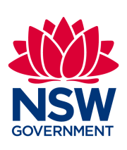 Red Waratah with NSW government written in blue below